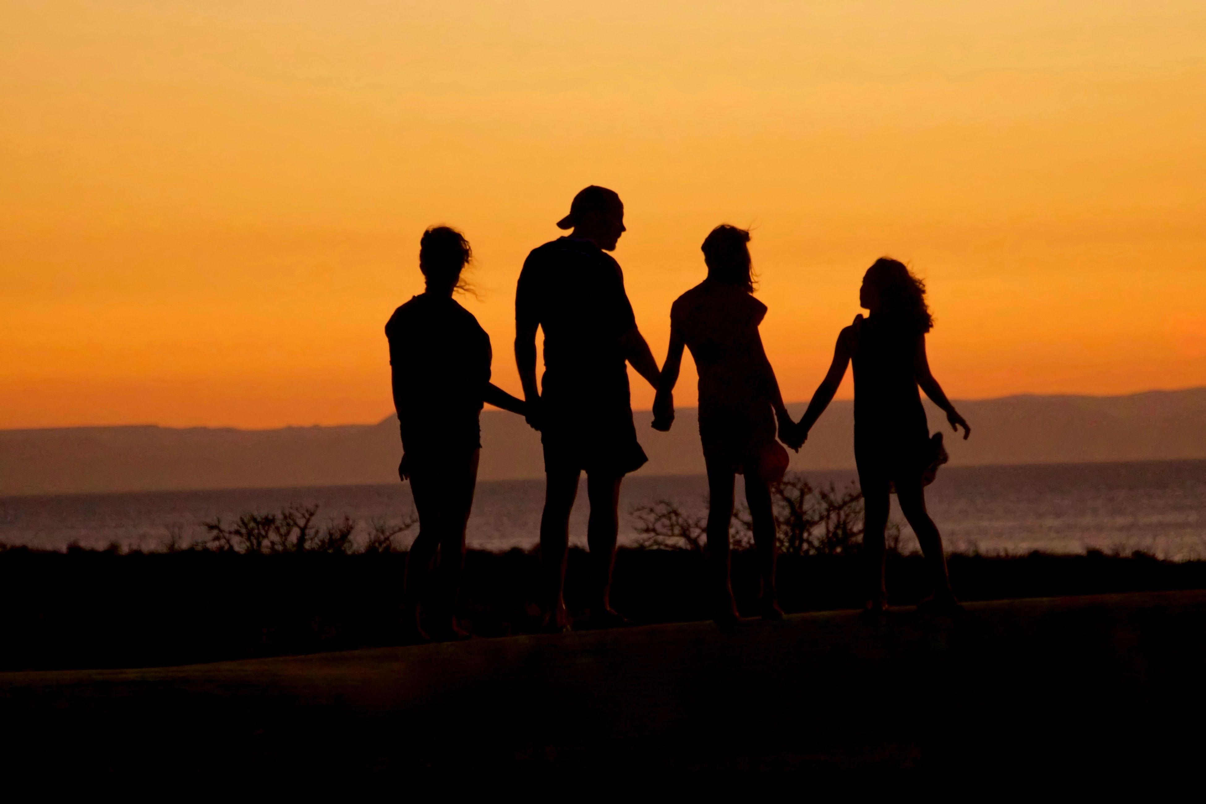 Picture of four people holding hands on a beach at sunset